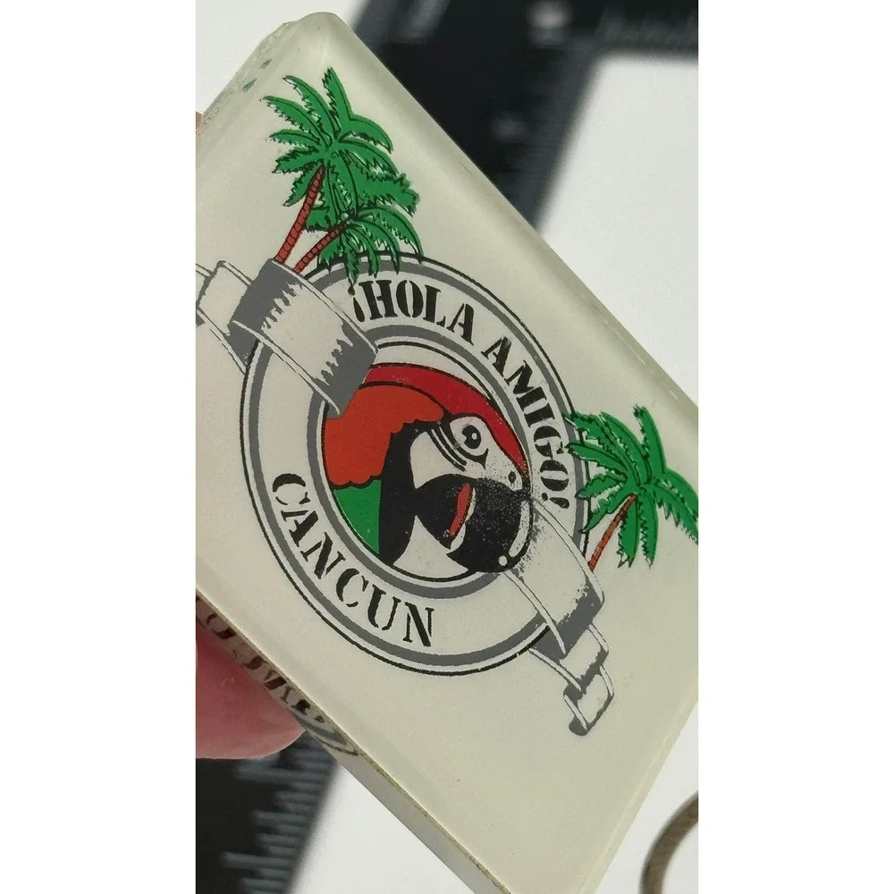 Vintage Hola Amigo Cancun Keychain Macaw Parrot‎ Palm Tropical Souvenir Mexico